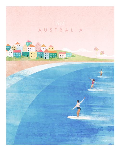 Visit Australia by Henry Rivers" art print features pastel buildings, palm trees, and surfers on blue waves under a pink sky with “Visit Australia” at the top. Printed on high-quality paper for vivid colors and lasting durability.