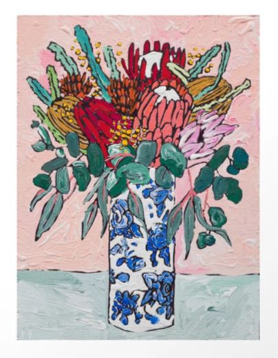 Part of the Gallery Series by GAL86, "Australian Native Bouquet" by Lara Lee Meintjes features vibrant red, pink, and orange flowers with green leaves in a blue and white vase against a soft pink background. The textured floral arrangement exudes abstract charm.