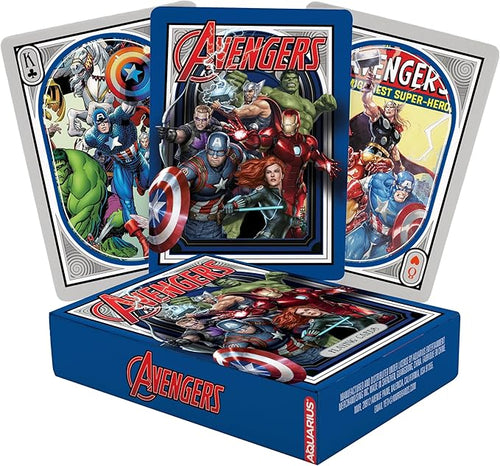 Avengers Nouveau Playing Cards by Blue Dog Posters feature Marvel heroes like Captain America, Iron Man, Hulk, and Thor with vibrant comic-style art on the box and cards, showcasing the Avengers team in dynamic action poses.