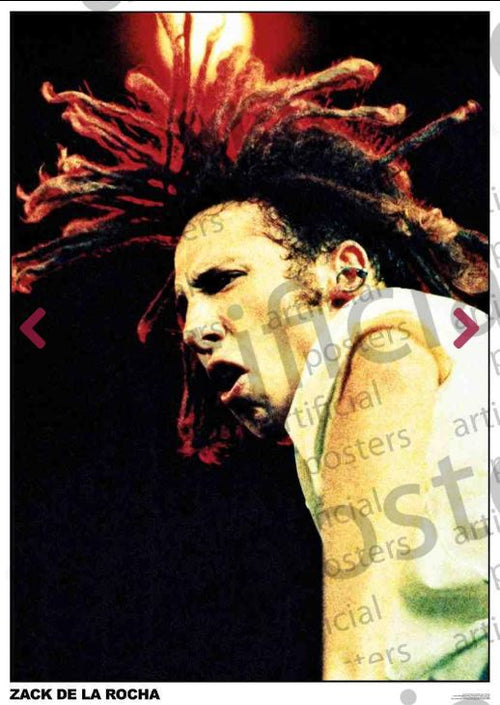 The energetic performer with dreadlocks is dominating the stage, with dynamic lighting accentuating their hair and intense expression. Clad in a sleeveless top, they exude raw energy. The text "Zack LA Rocha RATM" is prominently displayed below the image. Ideal for your music collection, this large regular poster from MUS 182 boasts high-quality printing.