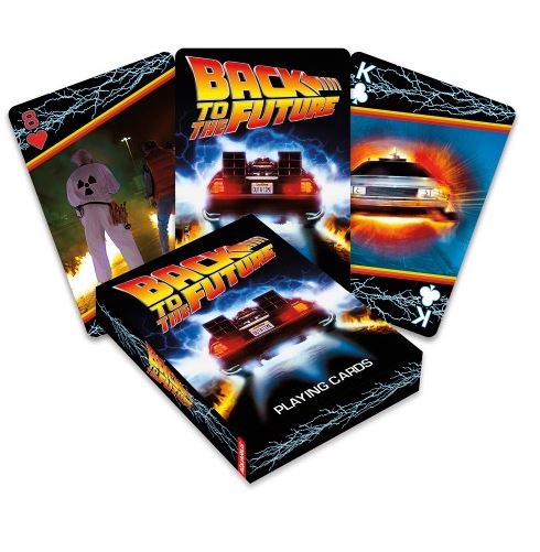 A deck of "Back to the Future Playing Cards" by Blue Dog Posters. The box cover showcases the iconic DeLorean with lightning effects. Three cards are shown: the 8 of hearts featuring a character in a radiation suit and two majestic illustrations of the DeLorean time machine, perfect for an exciting game of Snap or Go Fish.