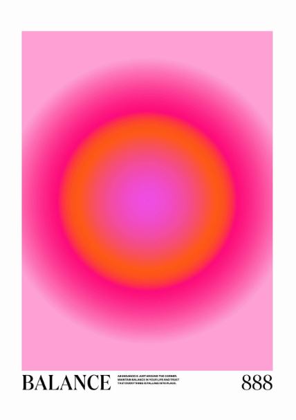 The Balance by Tiger Spirit poster from fap showcases a gradient circle transitioning from pink at the edges to orange and culminating in a bright pink center. The word "BALANCE" is positioned at the bottom left, with the number "888" on the bottom right and small text underneath "BALANCE," all elegantly printed on premium quality paper.