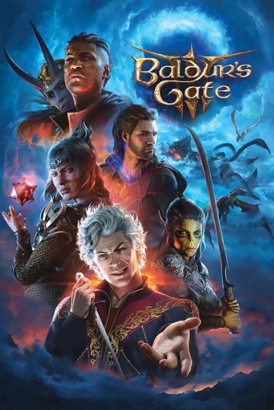The GAM 043 Baldurs Gate Large Poster features five characters in dynamic poses against a mystical blue background with a full moon and logo, printed on premium gloss paper—perfect for any fantasy fan’s collection.