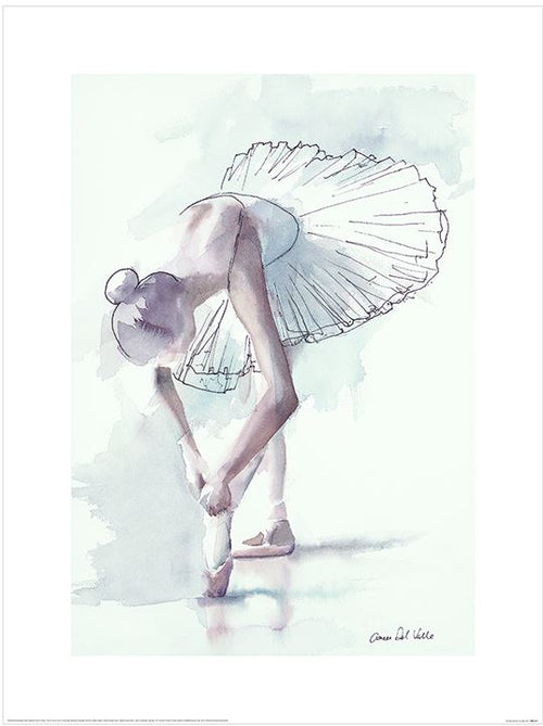 An elegant watercolor painting titled "Aimee Del Valle (Le Trac)" by Blue Dog Posters, from their Decor Series, depicts a ballerina in a white tutu gracefully bent over to adjust her ballet shoe. The soft, fluid brushstrokes highlight the delicate poise and balance of her pose against a background blend of muted pastel tones.