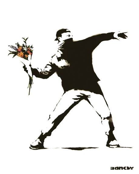 The "Banksy Flower Bomber" Art & Decor Poster by ART 039 features a stencil-style, black and white masked figure tossing a bouquet of bright flowers, inspired by urban art and signed "Banksy.