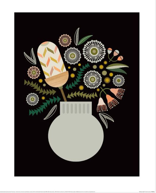 The Lyndy Hants (Banksia in Vase) by GAL230 is a premium art print from the Decor Series Collection. It features vibrant abstract floral art in a light gray vase, with geometric flowers, circular patterns, oval petals, and green leaves against a black background.