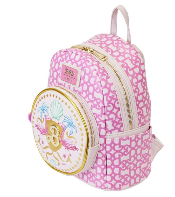 The Barbie The Movie Logo Mini Backpack by Blue Dog Posters is a pink mini backpack with a patterned design featuring white symbols. It has gold zippers, a handle, and side pockets. The front boasts a circular pocket adorned with colorful images of flamingos, seashells, the Barbie logo, and the letter "B," surrounded by stars.