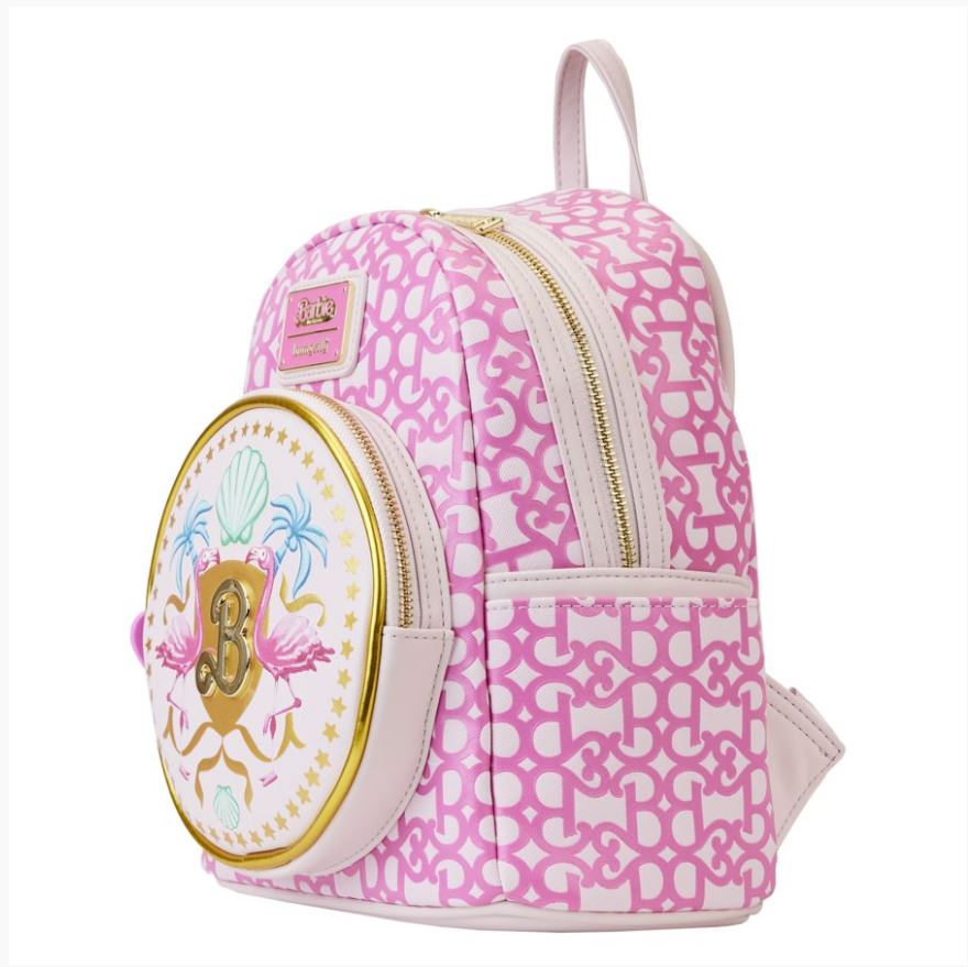 Introducing the Barbie The Movie Logo Mini Backpack by Blue Dog Posters: a pink mini backpack featuring a repeating pattern of interlocking letters. It includes a front round pocket adorned with an illustration of two pink flamingos and decorative elements, complete with gold accents and a central "B" emblem. Designed for Barbie Land, this stylish accessory comes with a top handle and adjustable straps for perfect comfort.