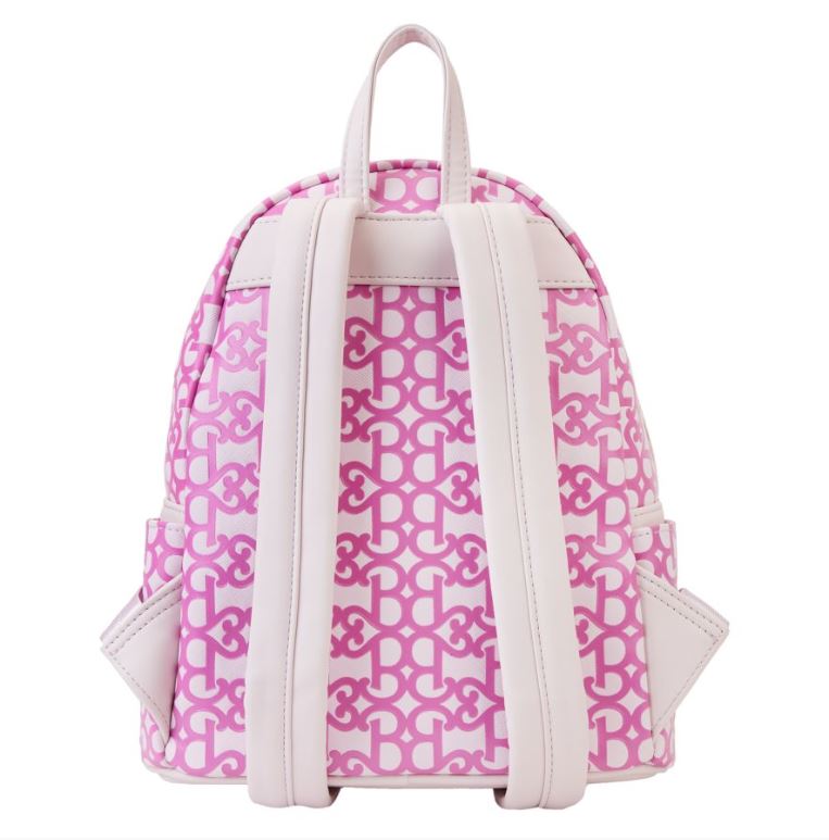 The Barbie The Movie Logo Mini Backpack by Blue Dog Posters is a small pink and white accessory adorned with a pattern of interlocking letters. It features white straps and detailing, side pockets, and a top handle for easy carrying. This mini backpack exudes a stylish and youthful vibe, capturing the playful charm reminiscent of Barbie Land.
