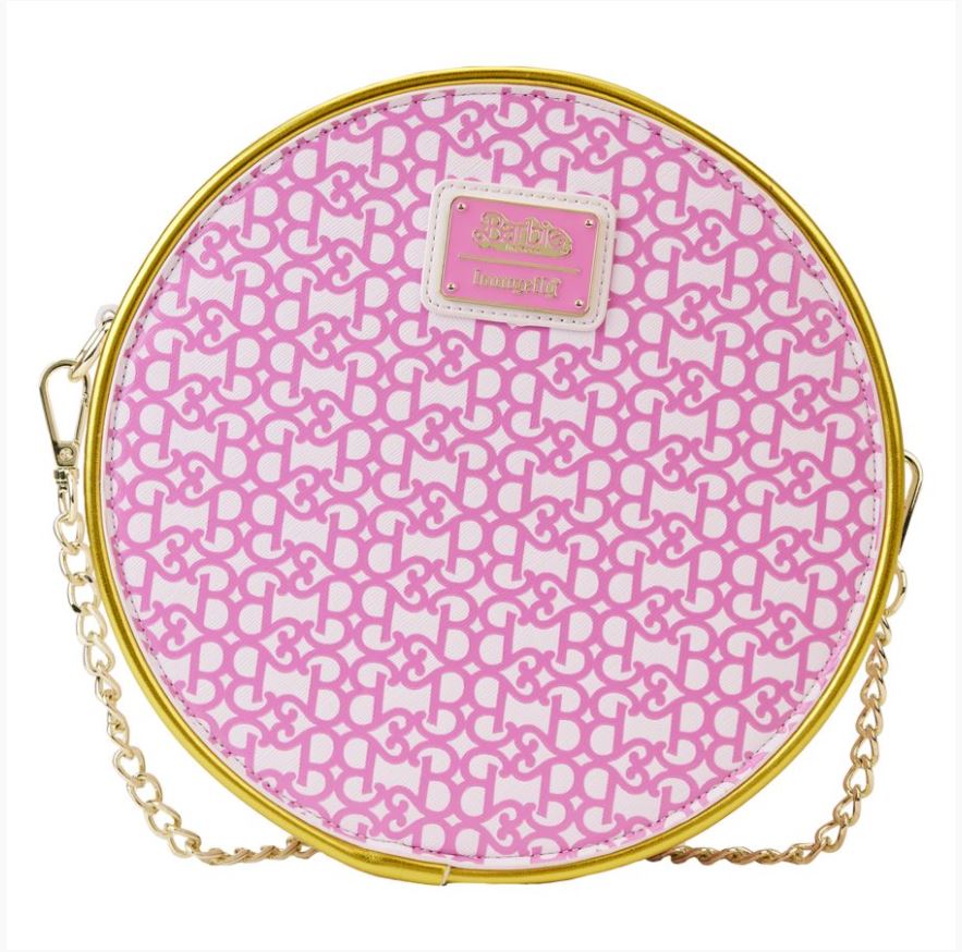 Barbie the Movie Logo Crossbody Bag by Blue Dog Posters is a round shoulder bag with a pink and white pattern, featuring repetitive interlocking letters "B" and "G." A pink label in the center displaying the text "Barbie" and "bounkit" is visible. The Loungefly Mattel bag comes complete with a gold chain strap attached to the sides.