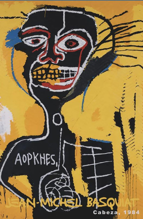 The Basquiat Cabeza art poster by ART 077 features a stylized skeletal face on a vibrant yellow background. Printed on premium 150gsm gloss paper, this striking abstract piece from 1984 is now available.