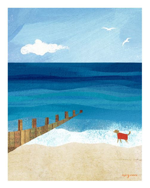 “Beach Dog Walk by Henry Rivers” (GAL210J) art print—features a sandy beach, blue waves, wooden breakwater, a brown dog near the shore, two flying seagulls, and a single white cloud in the sky.