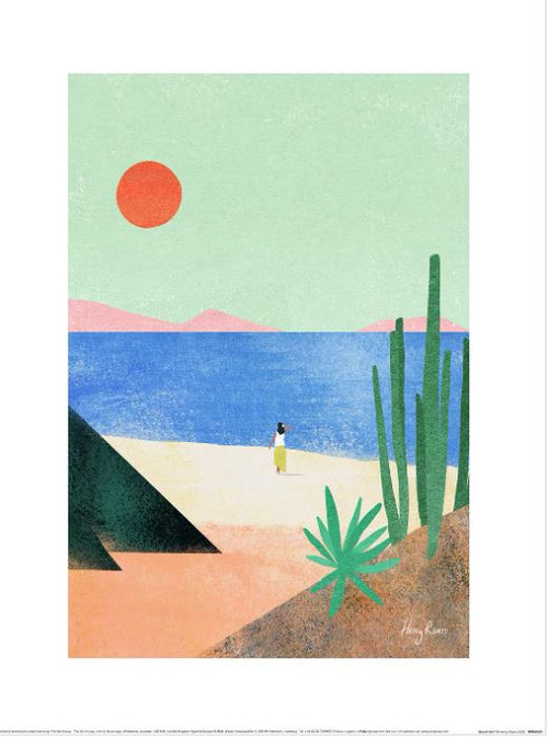 The art print "Henry Rivers (Beach Girl)" by GAL219 features a serene beach scene with a person in a yellow outfit on the sand, gazing at the blue sea. Green cacti and a red sun against pastel green skies and pink hills make it perfect for any decor series, printed on matte art paper.
