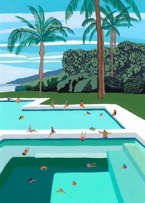 The serene tropical atmosphere of "Beachy Pool by Helo Birdie" from GAL134 is captured in a colorful illustration on premium Matte Art Paper, featuring people enjoying a large, multi-tiered pool amid tall palms and lush greenery.