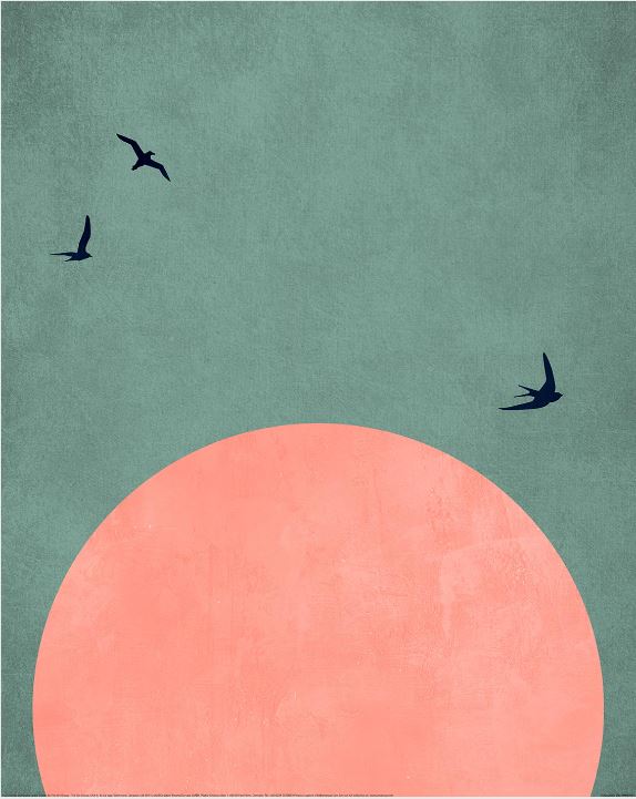The Kubistika (A Beautiful Day) print by GAL238, part of the Decor Series Collection, showcases a minimalist design with a large pink circle reminiscent of a sun or moon against textured teal. Silhouetted birds in the upper left enhance its elegance on matte art paper.