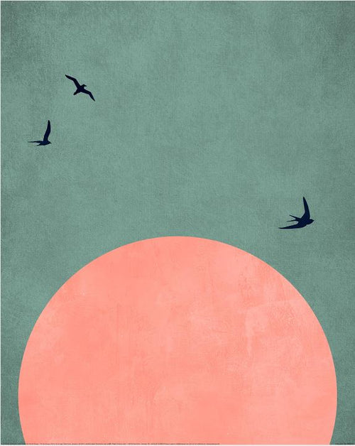 The Kubistika (A Beautiful Day) print by GAL238, part of the Decor Series Collection, showcases a minimalist design with a large pink circle reminiscent of a sun or moon against textured teal. Silhouetted birds in the upper left enhance its elegance on matte art paper.