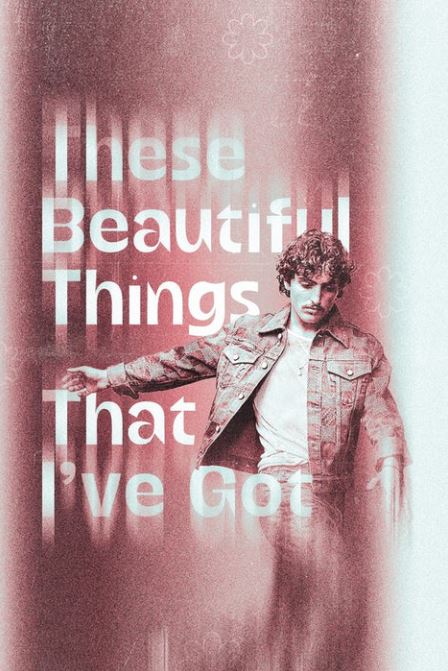 A man in a denim jacket stands with arms outstretched in front of "These Beautiful Things That I’ve Got" on the Benson Boone - Beautiful Things Pop Poster by MUS 068, a vibrant pink and white addition to any music collection.
