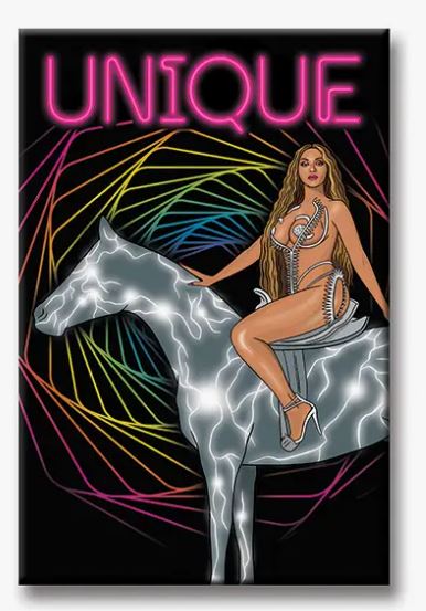The Unique Beyonce Magnet by Blue Dog Posters features a digitally illustrated image of Beyonce wearing a futuristic outfit and riding a metallic horse. The background showcases a swirl of colorful, neon-like lines with the word "UNIQUE" prominently displayed in bright pink at the top, making it perfect for adding magnetic notes to your fridge.
