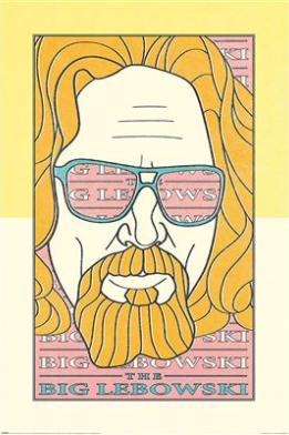 MTV 383’s "The Big Lebowski - Glasses" poster features a stylized bearded man with long hair and sunglasses, plus “THE BIG LEBOWSKI” repeated in the background—ideal for cult movie poster collectors.
