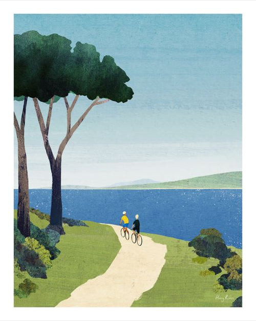 Bike Ride by Henry Rivers from GAL210L: an art print depicting two people cycling on a grassy hillside with tall trees and a blue lake beneath a clear sky.