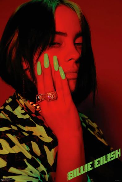 A person with short dark hair and neon green highlights shows off long, bright green nails and a bold ring. Red and green lights set a pop poster vibe for MUS 224's "Billie Eilish - Green Nails," with "Billie Eilish" in neon text.