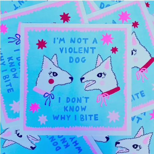 Colorful illustration of two dogs facing each other with text, "I'm not a violent dog, I don't know why I bite," surrounded by stars on a blue background with pink and white accents. Product: Why I Bite Risograph by Amy Hastings from Blue Dog Posters.