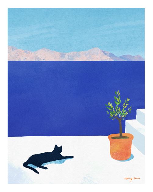 In “Black Cat by Henry Rivers” from GAL210E, a black cat rests on a white terrace beside a potted plant, gazing over the deep blue sea and distant mountains beneath a clear sky in this striking art print.