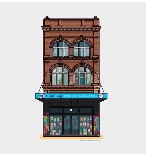 Illustration titled "Blue Dog Posters - Little City" by fap. A three-story brick building with a signage for posters, art, frames, and gifts. Large windows on the top floors; the shop beneath displays colorful items. Situated at 300 King Street, Newtown.
