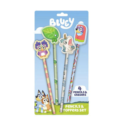 Blue Dog Posters’ Bluey Characters 2 - 4 Pencil & Topper Set includes four colorful Bluey-themed pencils with fun toppers and erasers in blue packaging. Pair it with the erasable Bluey gel pen set for even more creative fun!.