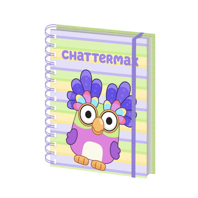 The Bluey - Chattermax Wiro Notebook by Blue Dog Posters is an officially licensed A5 spiral notebook with a purple elastic band, a cartoon owl, and "CHATTERMAX" on a pastel striped cover.