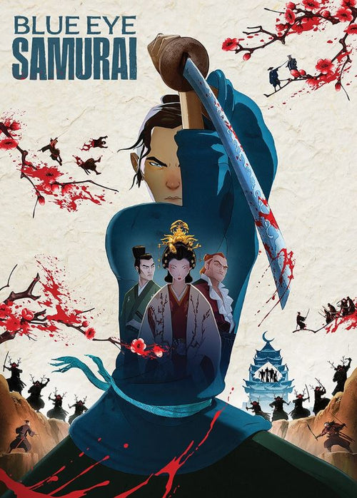 This "Blue Eye Samurai" Anime Poster by MTV 205 features a central character wielding a raised sword and dressed in traditional Japanese attire. Embedded within their clothing are three other characters, while the surrounding scenes showcase battles, cherry blossoms, and classic Japanese architecture inspired by traditional Japanese animation.