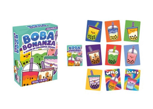 The Boba Bonanza Game by Blue Dog Posters includes vibrant cards, each with colorful boba drink illustrations and cartoon faces. The deck features various boba styles and includes special "WILD" and "BLAST" cards adorned with rainbow designs.