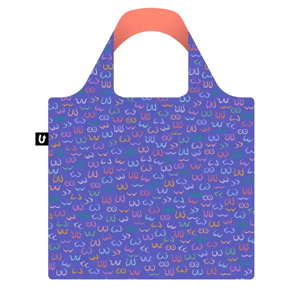 The Simply the Breast Foldable Tote Bag by Blue Dog Posters features a blue background with colorful abstract breast designs, pink inner handles, and is made from recycled PET—perfect for sustainable shopping.