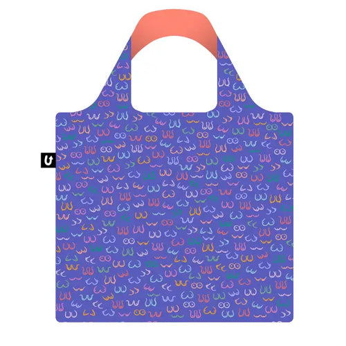 The Simply the Breast Foldable Tote Bag by Blue Dog Posters features a blue background with colorful abstract breast designs, pink inner handles, and is made from recycled PET—perfect for sustainable shopping.