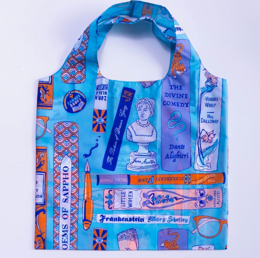 The Bookbag Art Sack by Blue Dog Posters is a blue, eco-friendly reusable bag adorned with a vibrant print of literary elements, including books, book spines, titles, and busts of renowned authors. Notable titles and writers featured include Dante Alighieri's "The Divine Comedy" and Mary Shelley's "Frankenstein.