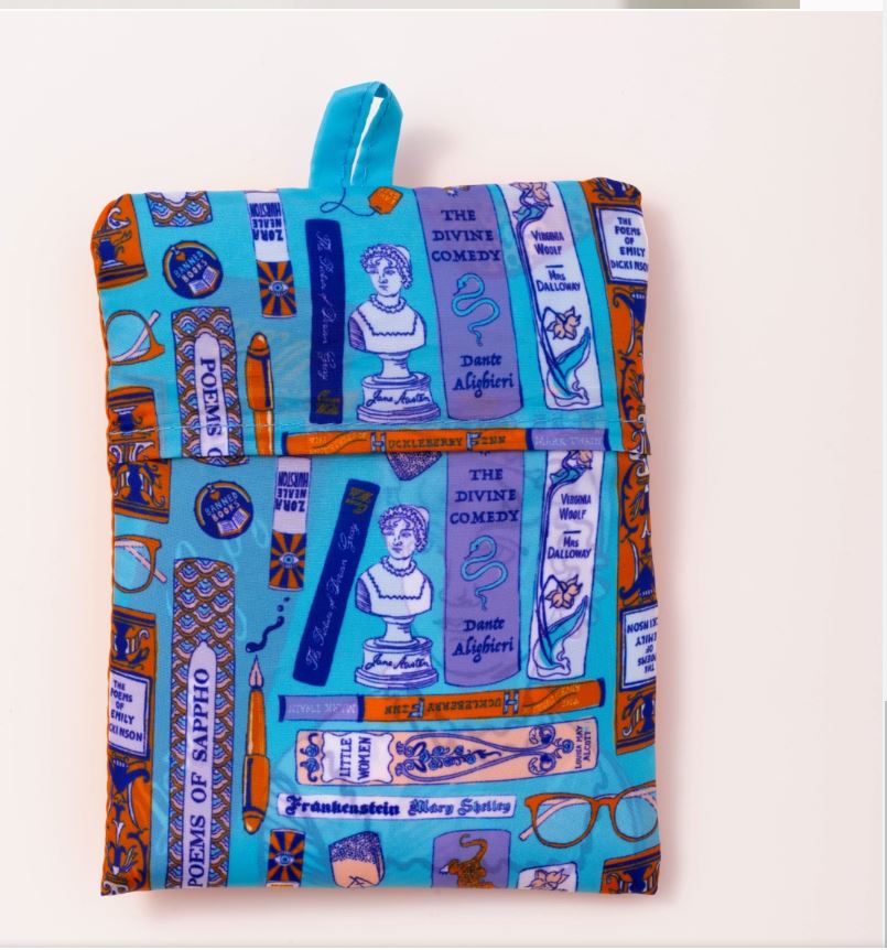 Introducing the Bookbag Art Sack by Blue Dog Posters: a vibrant, eco-friendly fabric book cover adorned with illustrations of classic literature and celebrated authors. The design showcases images of renowned works like "The Divine Comedy" by Dante Alighieri and "The Poems of Sappho," complemented by literary-themed graphics and finished with a blue loop at the top.