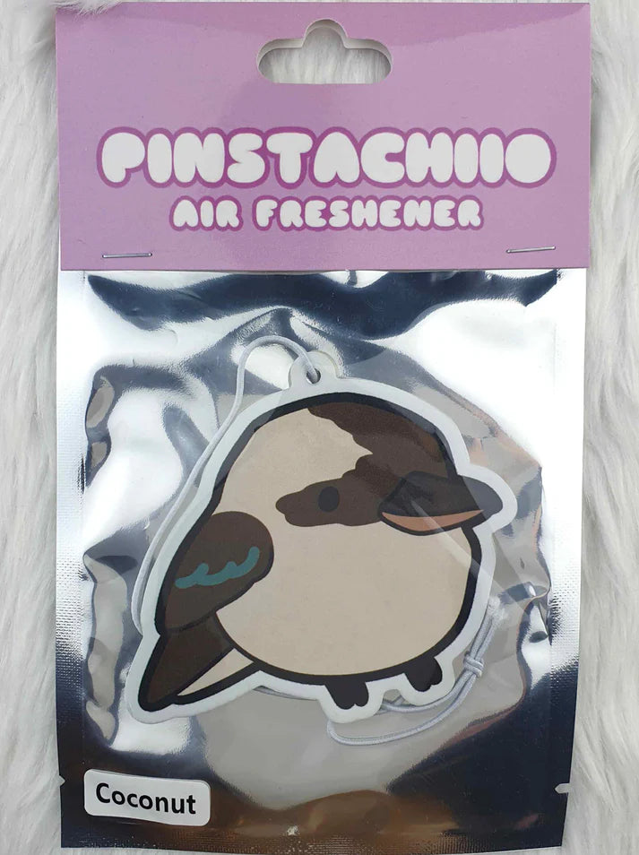 A packaged air freshener labeled "Kookaburra Coconut Air Freshener" by Blue Dog Posters shows a cute cartoon bird, has a purple header, shiny silver background, and a tag indicating its coconut scent.