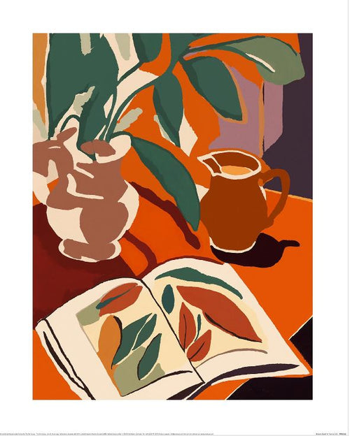 The Treechild (Botanic Study) print by GAL243 from the Decor Series Collection features a white vase with green leaves, a brown jug, and an open book with leaf illustrations. Bold orange and purple hues on premium Matte Art Paper create a warm, artistic ambiance.