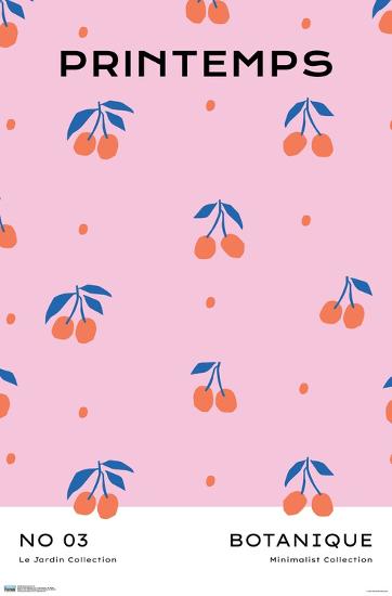 Pink poster featuring a repeating pattern of stylized blue and red cherries. The text reads "PRINTEMPS" at the top and "Botanique No3 Le Jardin Collection ART 094 Minimalist Collection" at the bottom.