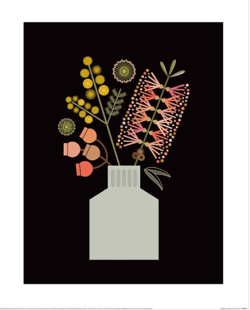 The Lyndy Hants (Bottlebrush in Vase) by GAL256 presents an abstract floral illustration featuring round blooms, pink elongated blossoms, and small orange buds on a dark background. Printed on premium matte art paper, this piece adds elegance to any space.