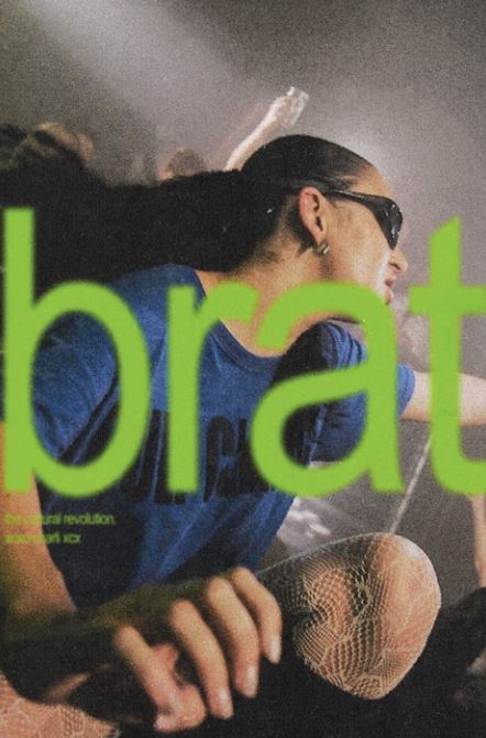 A person in sunglasses and a blue shirt reaches out to a lively crowd beneath bold green "brat" text—reflecting the energetic vibe of the Charlie XCX Brat poster by MUS 317, perfect for concert or party lovers.