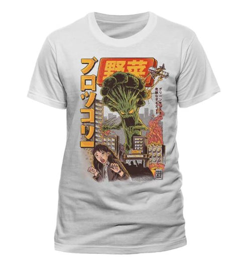 The Broccozilla T-Shirt White MED by Blue Dog Posters is a stylish addition to your wardrobe, featuring a vivid print of a giant broccoli monster attacking a city with Japanese text. A terrified woman stands in the foreground, glancing back at the towering broccoli. The design emulates a vintage movie poster style and showcases artist support.