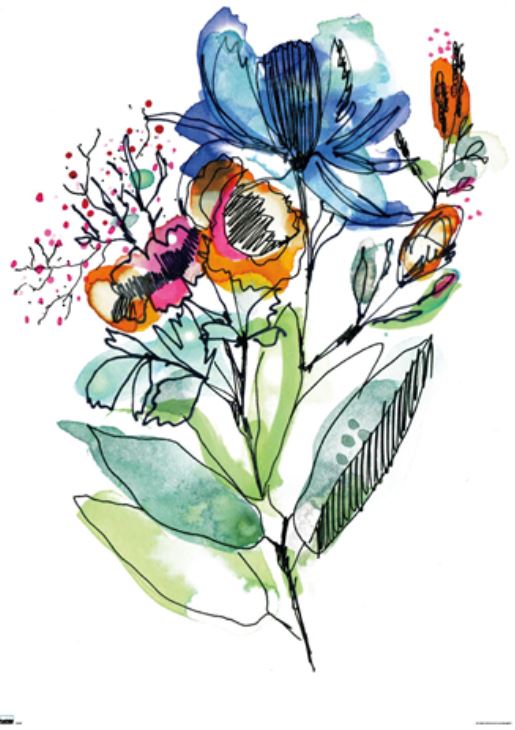 The Cayena Blanca - Flowers art poster by ART 029 showcases a vibrant watercolor painting of bold blue, orange, and pink blooms surrounded by lush green leaves. This piece features a loose artistic style with sketch-like black outlines and splashes of vivid colors, creating an expressive and lively composition on premium gloss paper.