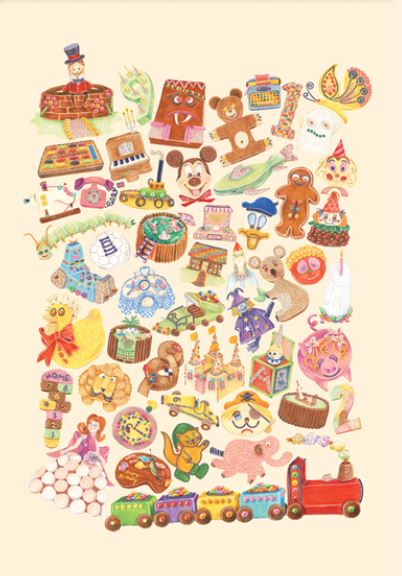 A colorful illustration from the 50 Up: Australian Women's Weekly Cakes by Amy Blue collection, featuring whimsical toys and objects including a toy train, a gingerbread man, a teddy bear, a toy xylophone, a cake, a duck, a mouse, and a ship. Created by Amy Blue as an art print from Blue Dog Posters, the items are scattered randomly against a cream-colored background.