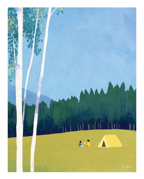 Camping in the Forest by Henry Rivers from GAL210N features two people near a yellow tent in a scenic forest with mountains and trees—an art print ideal for premium quality paper.