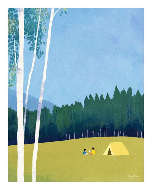 Camping in the Forest by Henry Rivers from GAL210N features two people near a yellow tent in a scenic forest with mountains and trees—an art print ideal for premium quality paper.