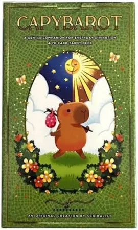 Cover of the Capybarot Tarot Cards by Blue Dog Posters, featuring a cute capybara with a bag amid flowers, clouds, and a bright sun, all framed by a green decorative border and whimsical accents.