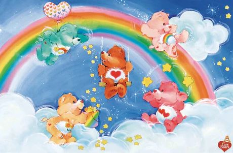 The Care Bears Rainbow by KID 037 features five bright bears floating among clouds and yellow stars on a rainbow backdrop; some hold heart balloons or a star, while another sits on a swing for a cheerful, whimsical Kids TV Poster scene.