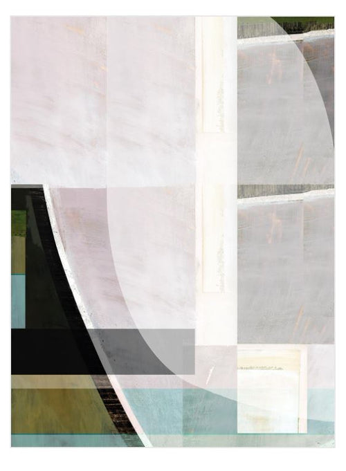 Part of the Decor Series Collection, the Cartissi (Blue Green White Abstract) by GAL229 features overlapping geometric shapes and curves in cream, gray, green, and pale blue. Its layered textures create a visual effect perfect for small decor spaces.