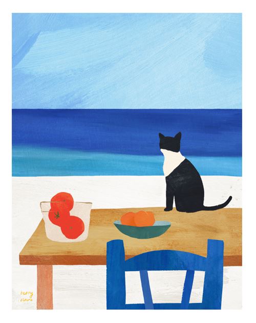 Cat at Lunch Table by Henry Rivers (GAL210H) art print shows a black and white cat on a wooden table by the sea, with oranges and tomatoes, a blue chair, and a clear sky in the background.